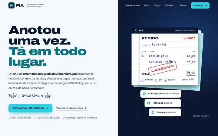 Página inicial do FIA com o título 'Anotou uma vez. Tá em todo lugar.' e um bloco de pedido ilustrativo