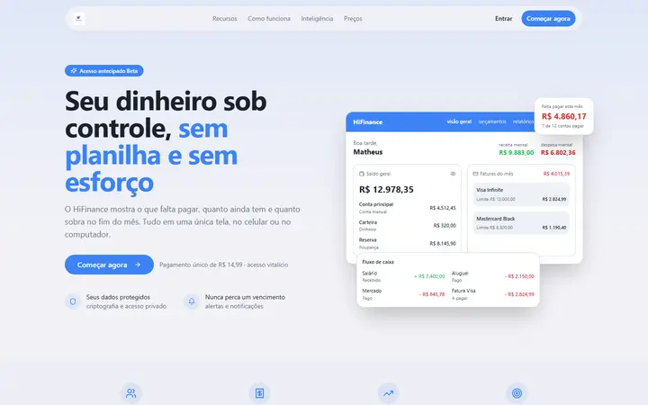 Página inicial do HiFinance com o título 'Seu dinheiro sob controle' e prévia do painel financeiro